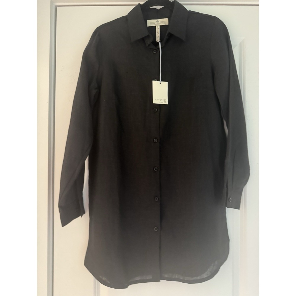 NWT Crown Linen Designs  Black 100% Linen Long Sleeve Tunic Sz XS Button Down - Picture 4 of 12